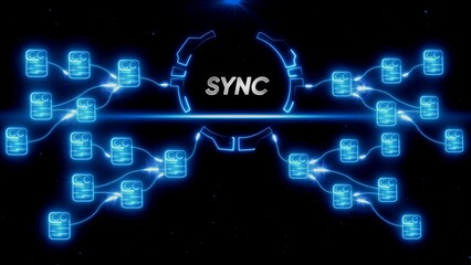 Blue neon sync symbol with interconnected database on black background synchronization