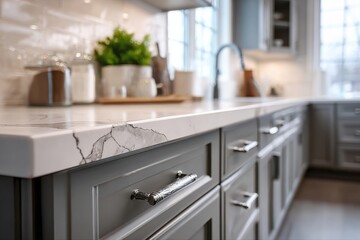 Fototapeta premium Modern Kitchen Interior with Elegant Marble Countertop and Stylish Cabinets