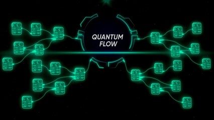 Obraz premium Quantum flow network with glowing green nodes and connections data flow