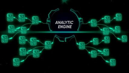 Obraz premium Glowing green analytic engine diagram with connected servers on black background network data analysis