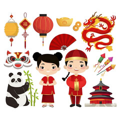 Fototapeta premium Flat vector illustration : various traditional chinese new year icon set collection symbol - Lunar festive celebration, asian culture, luck, prosperity, good fortune