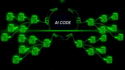 Fototapeta premium Neon green A I code flowchart with connected blocks and lines on black background AI code