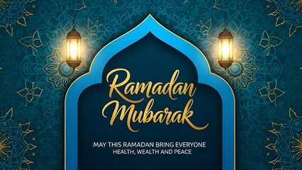 Ramadan mubarak greeting card featuring elegant islamic patterns and glowing lanterns