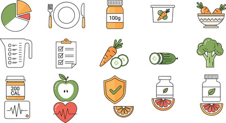 Healthy nutrition and diet icon set with flat illustrations of vegetables fruits calorie tracking meal planning and wellness lifestyle symbols