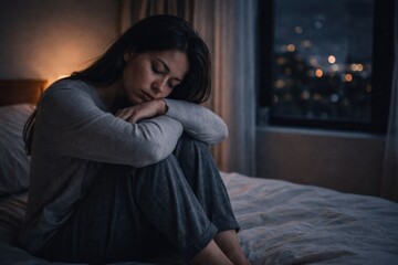 Depressed young woman sitting on a bed in a dark room at night, leaning her head on her knees. The scene captures a moment of deep sadness, loneliness, and emotional exhaustion, with the faint city li