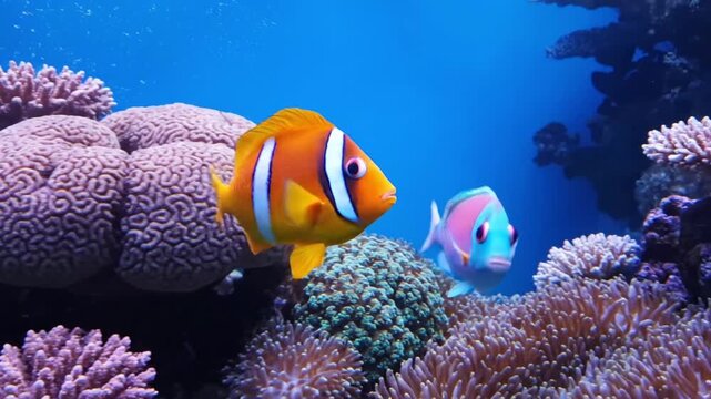 Vibrant coral reef scene with clownfish swimming among sea anemones and schools of tropical fish in clear blue ocean water with underwater and marine life