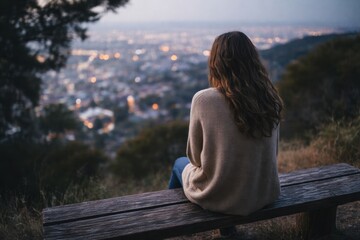 Rear view of a lonely young woman sitting on a wooden bench on a hill, overlooking a glowing city at dusk. The scene captures a quiet moment of solitude, contemplation, and peaceful melancholy, with t