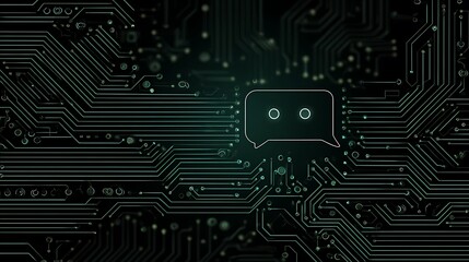 A neon-lit chat bubble within intricate circuit board pathways. Technological and abstract
