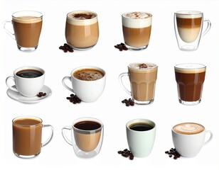 Obraz premium Set with different types of coffee drinks on white background