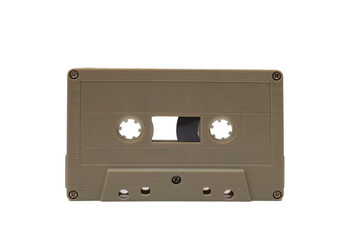 Obraz premium A front-facing studio shot of a classic brown plastic audio cassette tape, perfectly isolated on a white background, representing 1980s and 1990s musical nostalgia
