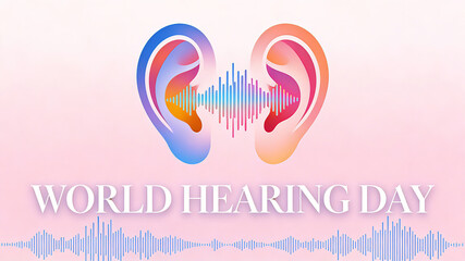 The combination of gradient colored ears and sound wave elements conveys the theme of "Guarding Auditory Perception Sound" for World Hearing Day, suitable for hearing health education materials.
