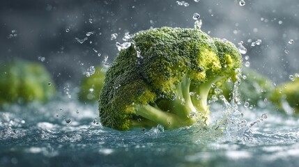 Fresh green broccoli floating in water surrounded by other broccoli heads with dynamic water splashes, highlighting freshness, vitality, and healthy vegetable concept