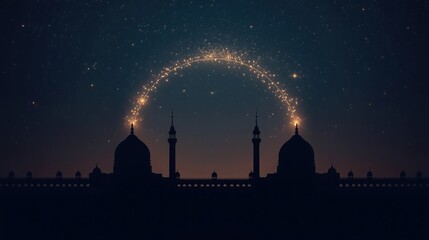 Mosque silhouette at night with a glowing trail of golden sparkles and stars arching over the domes