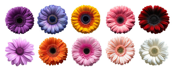 Vibrant close-up of ten colorful gerbera daisies displaying varied petal hues