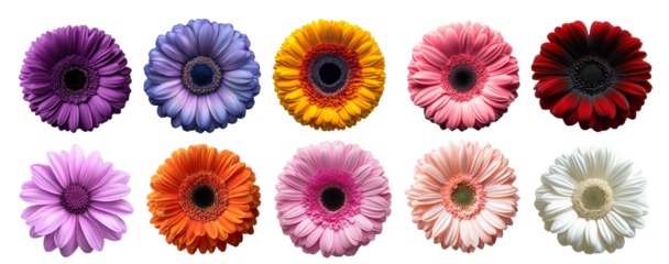 Vibrant close-up of ten colorful gerbera daisies displaying varied petal hues