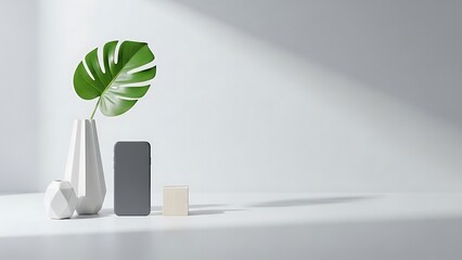 Minimalist White Vase with Tropical Leaf.