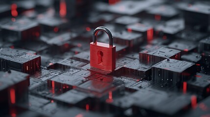 A red padlock sits prominently on a complex, abstract geometric digital landscape with vibrant red accents