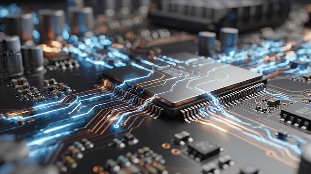 Close-up view of a microchip on a circuit board with glowing blue connections in a technological environment