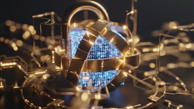 A gold padlock with a blue digital shield on a dark background surrounded by glowing elements