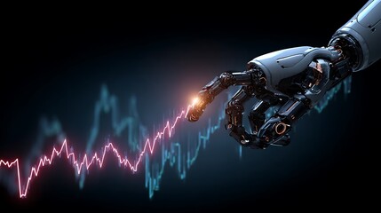 A robot hand tracing a fluctuating red line overlaid on a blue, data-driven background