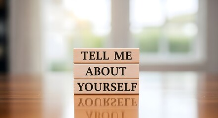 Tell Me About Yourself" wooden blocks on a reflective surface, symbolizing the crucial self-introduction phase in job interviews and career discussions, highlighting personal branding