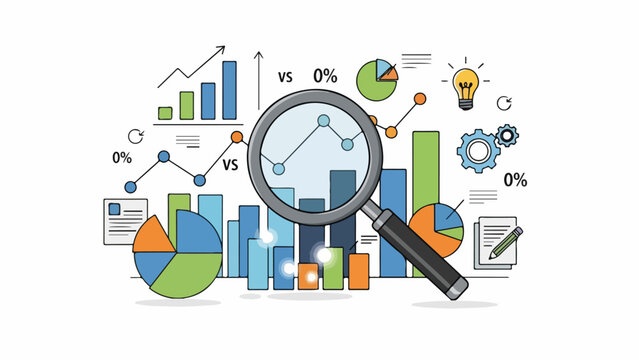 Flat lay illustration of various colorful business graphs and charts with a magnifying glass on top against a clean white background.