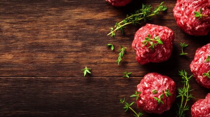Delicious raw meatballs made from a blend of minced beef and pork rest on a dark wooden surface. Fresh herbs surround them, hinting at flavorful dishes to come