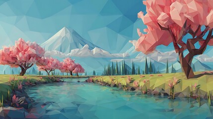 A serene landscape depicting geometric shapes of blossoming trees and a mountain scene
