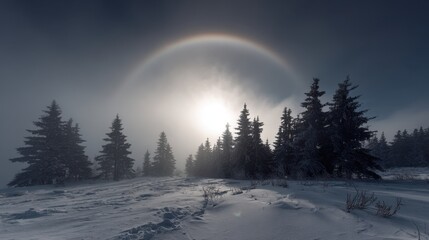 Dark winter forest with sun halo and rainbow arc through mist snow