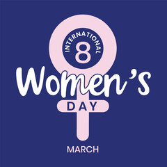 Happy Women's Day typography greeting with female sign and pink hearts vector illustration. Perfect for International Women's Day celebration on 8 March poster, banner, template.