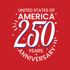 250 years anniversary badge, sticker, label, tag with an American flag illustration. 250th anniversary celebration greeting card, banner, poster, template design for 4th of July US Independence Day