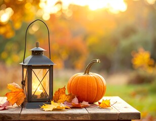 Lit lantern, pumpkin, fallen leaves on rustic table, sunlit autumn foliage bokeh