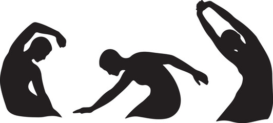 Three black silhouettes of women in various yoga poses sequence