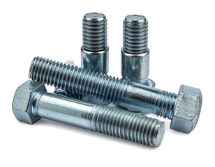 Close-up of several galvanized steel fasteners, showing hexagonal heads and threaded shafts, isolated on white