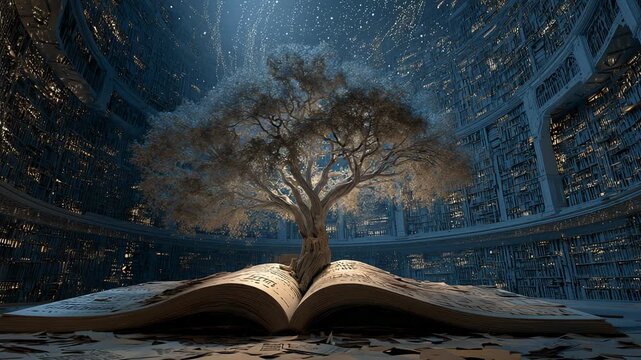 Majestic tree growing from open book in vast library setting