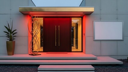Modern House Entrance with Red Lighting.