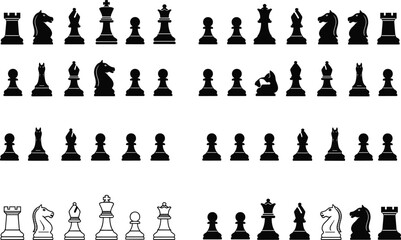 Chess pieces silhouette icon set, king queen rook knight pawn bishop collection, strategy board game symbols, black vector isolated © Shahin
