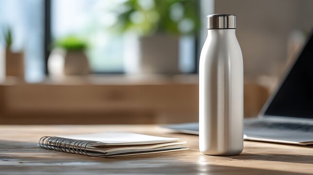 A sleek, metallic water bottle stands beside a notepad and laptop on a wooden desk - Powered by Adobe