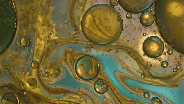 Aerial view of swirling liquid with golden orbs and blue undertones in an abstract composition