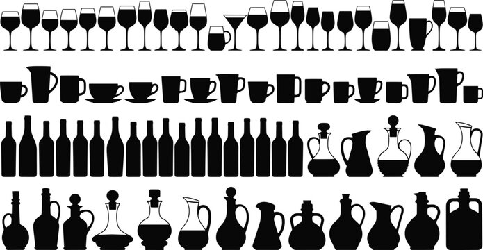 Drinkware silhouette icon set, wine glasses cups bottles decanters collection, bar restaurant kitchen symbols, black vector isolated