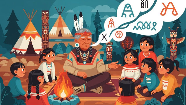 Elderly Native American man telling stories to children around a campfire with traditional symbols in a thought bubble illustration