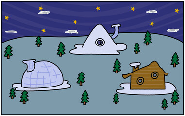 クリスマスの夜の村の風景のイラスト © ribitts