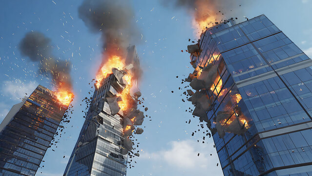 Skyscraper in the city engulfed in flames or damaged by an explosion during urban warfare, showing destruction and chaos in a conflict zone
