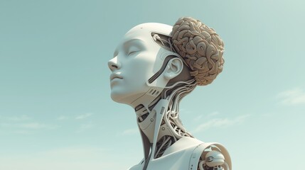 A futuristic robotic woman with a brain exposed and circuits visible under her skin stands against a blue sky