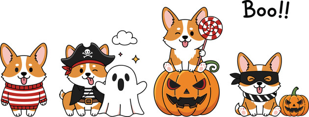 Cute Halloween corgi illustration set with pumpkin, ghost, pirate costume, candy and festive cartoon dog characters for seasonal design
