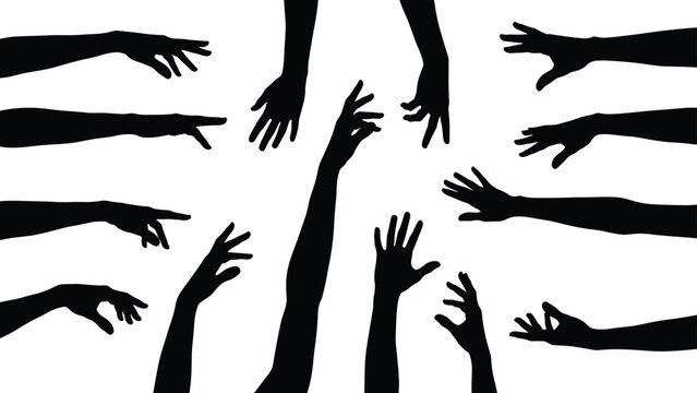 Human hands silhouette icon set, arm gesture collection, reaching pointing holding poses, body language symbols, black vector isolated