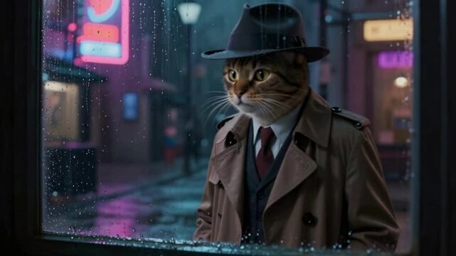 Feline detective in a trench coat and fedora observing a rainy city street at night through a wet window for a dark urban mystery concept.