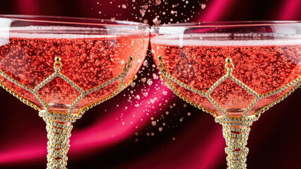 Elegant diamond-encrusted champagne glasses clinking romantic with bubbly pink drink and floating hearts for Valentine’s Day celebration