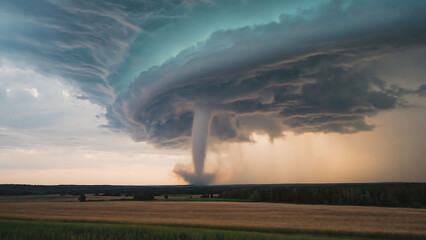 Large swirling storm cloud over a wide rural grassland, dramatic powerful weather above the open countryside