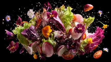 Fresh mixed vitamin salad with crisp lettuce, colorful radishes, and edible flowers, dynamic floating ingredients captured in high-resolution, vibrant healthy vegetarian dish perfect for summer menu p